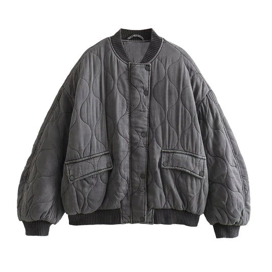 Olvoria - Women's Loose-Fitting Gray Bomber Jacket