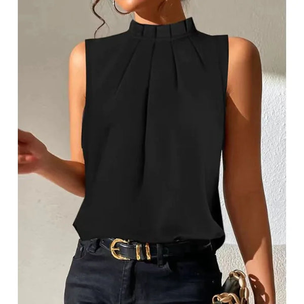 Olvoria | Women's Pleated Mock Neck Blouse Sheer Sleeve