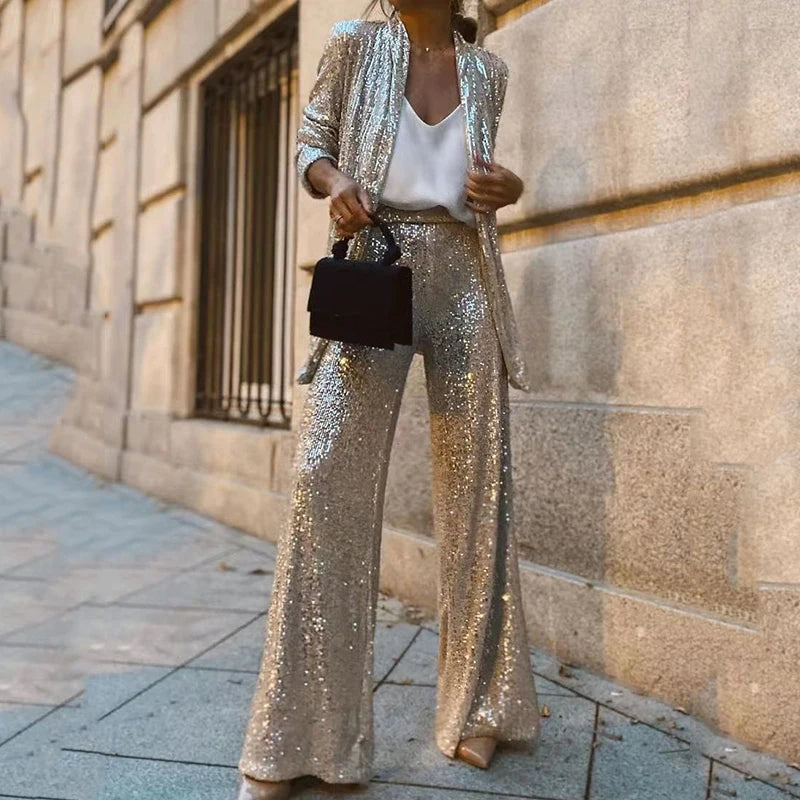 Olvoria | Women's Sequin Two-Piece Set with Wide-Leg Pants