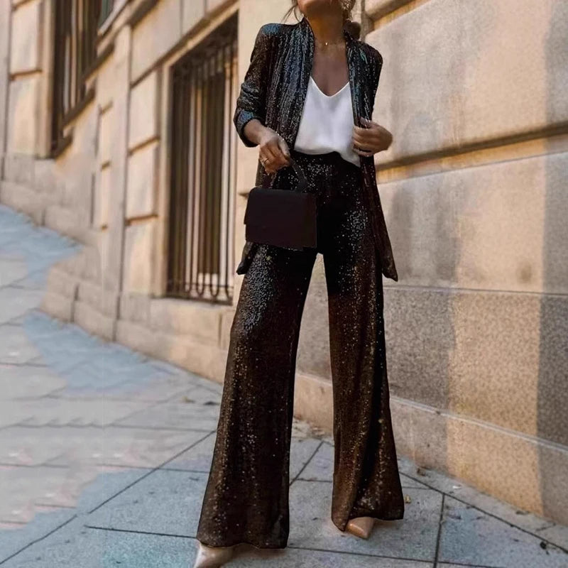 Olvoria | Women's Sequin Two-Piece Set with Wide-Leg Pants