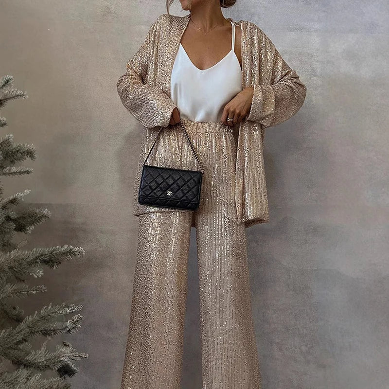 Olvoria | Women's Sequin Two-Piece Set with Wide-Leg Pants