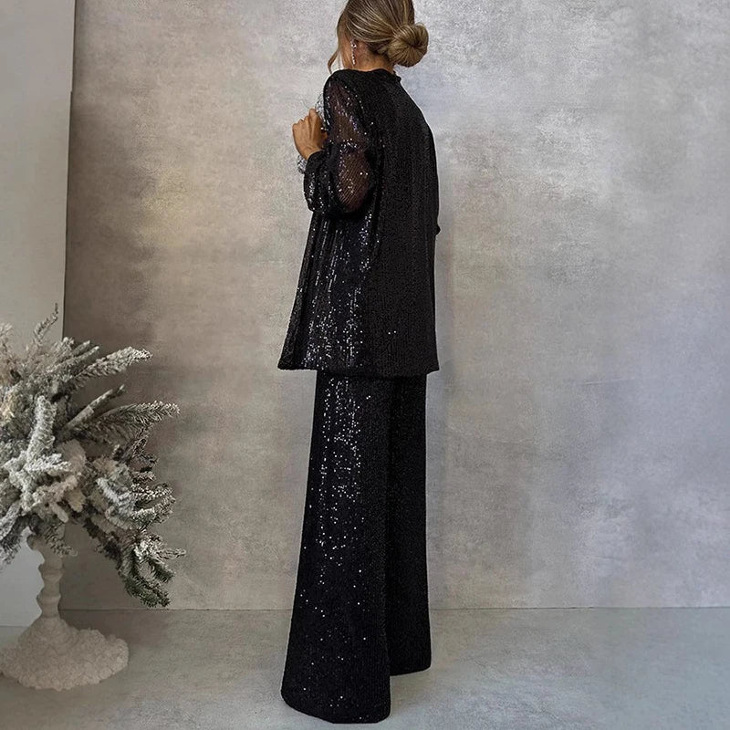 Olvoria | Women's Sequin Two-Piece Set with Wide-Leg Pants