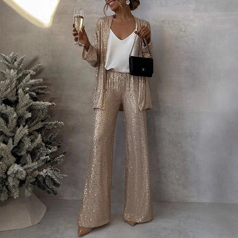 Olvoria | Women's Sequin Two-Piece Set with Wide-Leg Pants