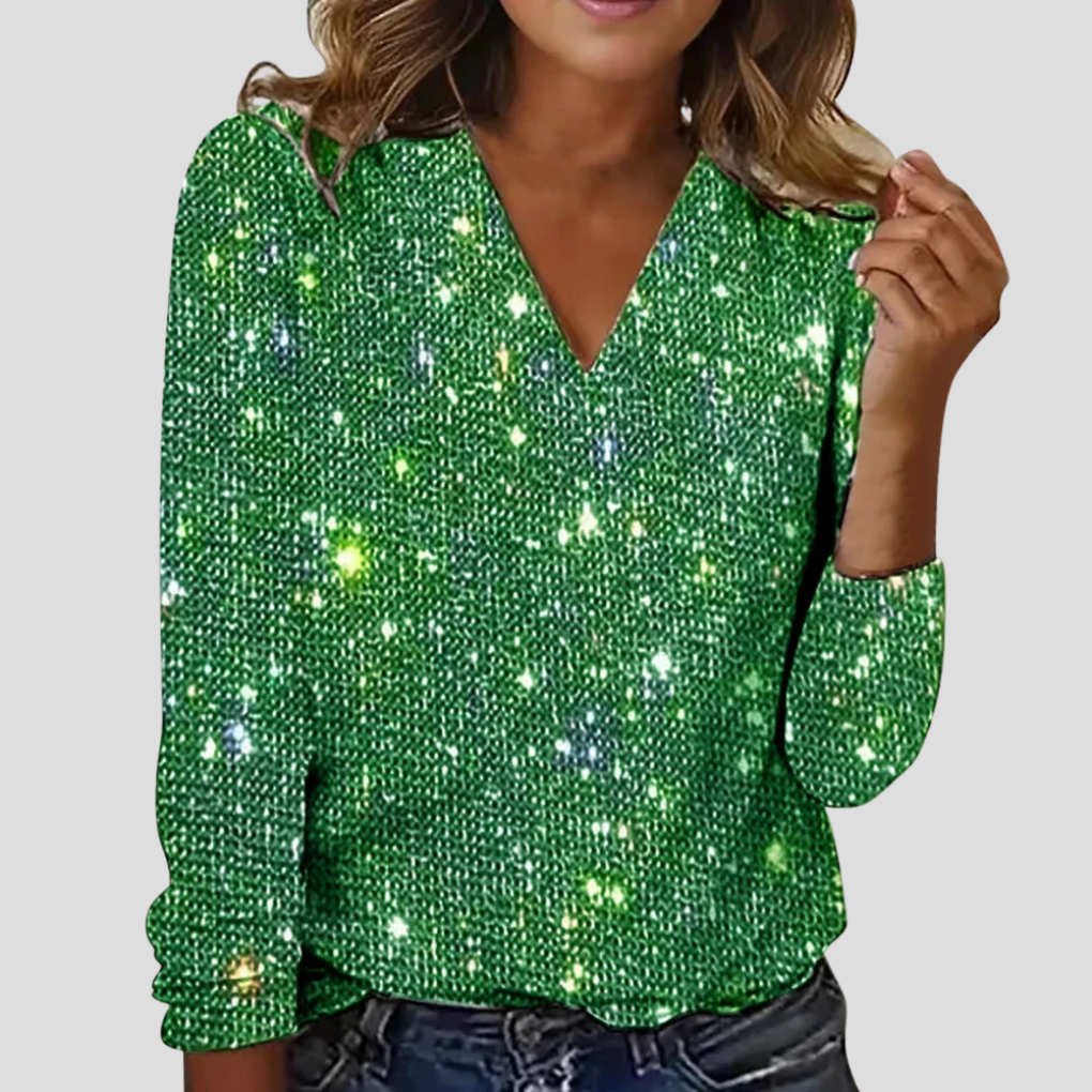 Olvoria | Women's Sequin V-Neck Blouse with Long Sleeves