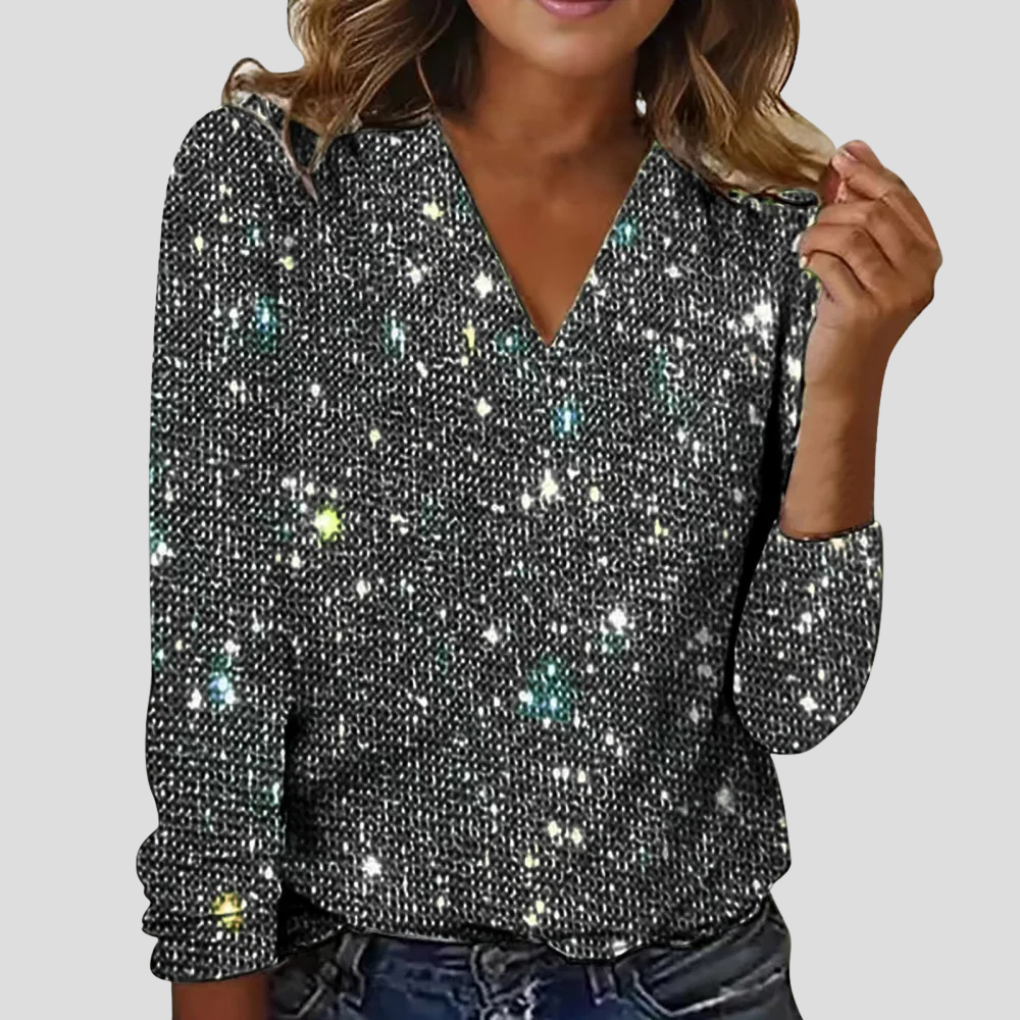 Olvoria | Women's Sequin V-Neck Blouse with Long Sleeves