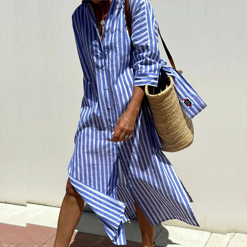 Olvoria | Women's Striped Button-Up Midi Shirt Dress