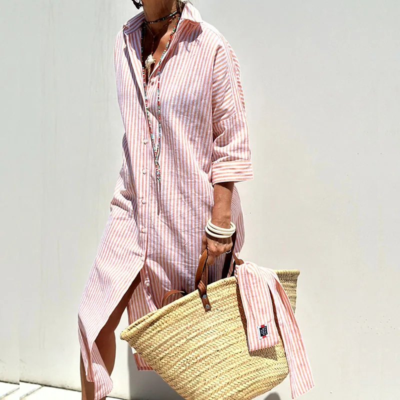 Olvoria | Women's Striped Button-Up Midi Shirt Dress