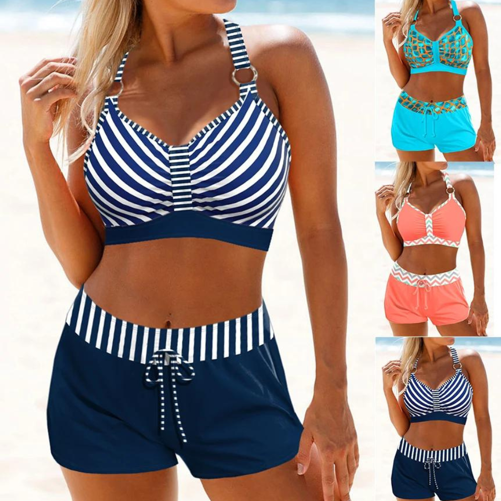Olvoria | Women's Striped Swimsuit with Shorts