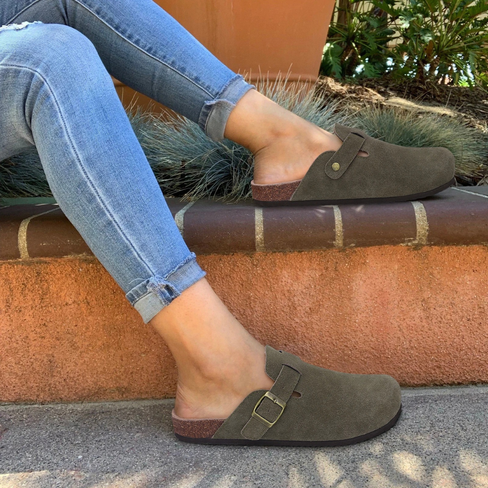 Olvoria | Women's Suede Clogs with Buckle