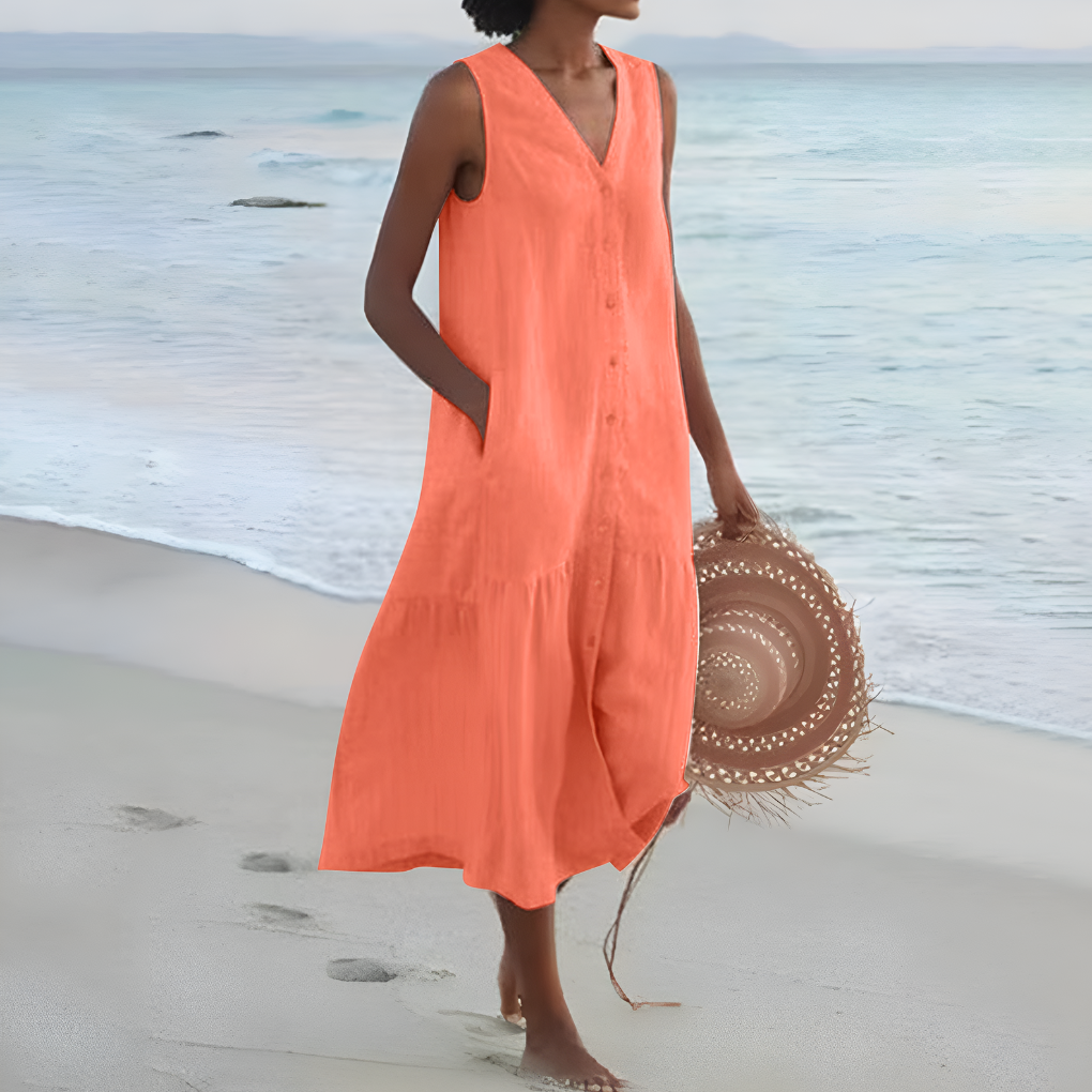 Olvoria | Women's Tiered Midi Dress – V-Neck Casual Beach Dress