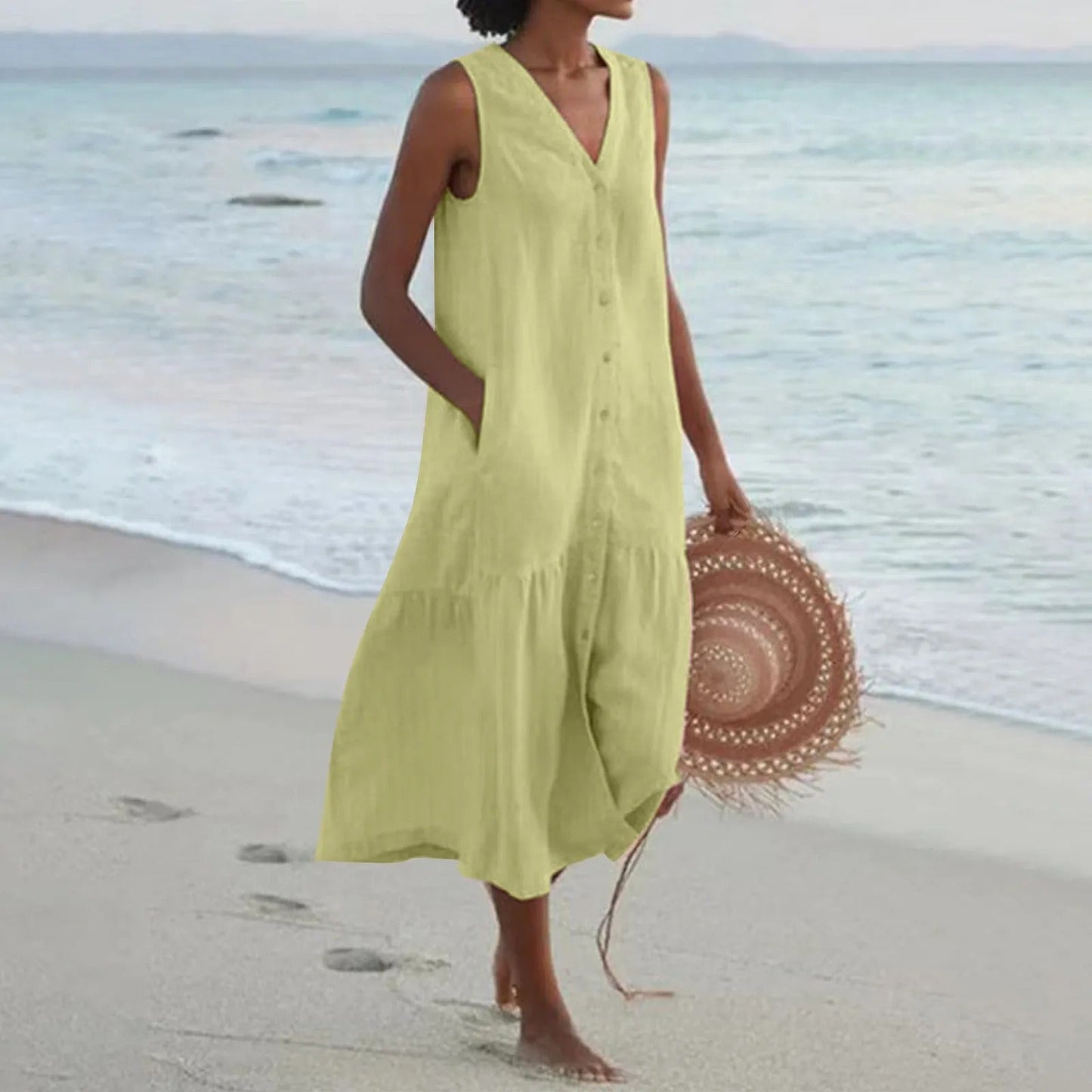 Olvoria | Women's Tiered Midi Dress – V-Neck Casual Beach Dress