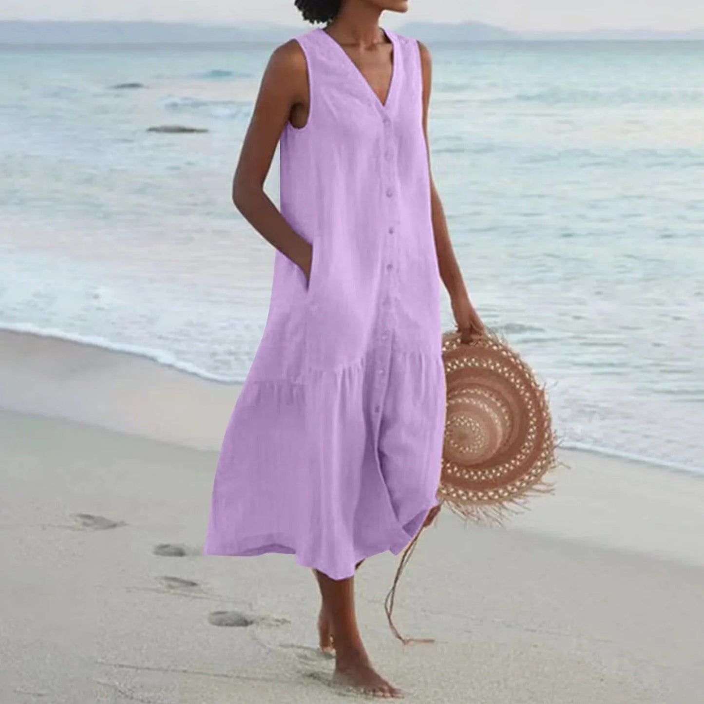 Olvoria | Women's Tiered Midi Dress – V-Neck Casual Beach Dress