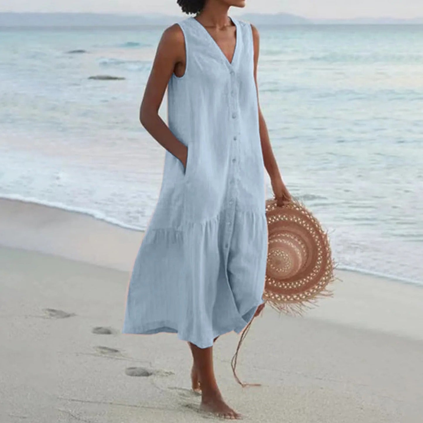 Olvoria | Women's Tiered Midi Dress – V-Neck Casual Beach Dress