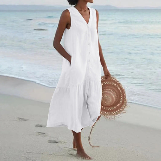 Olvoria | Women's Tiered Midi Dress – V-Neck Casual Beach Dress