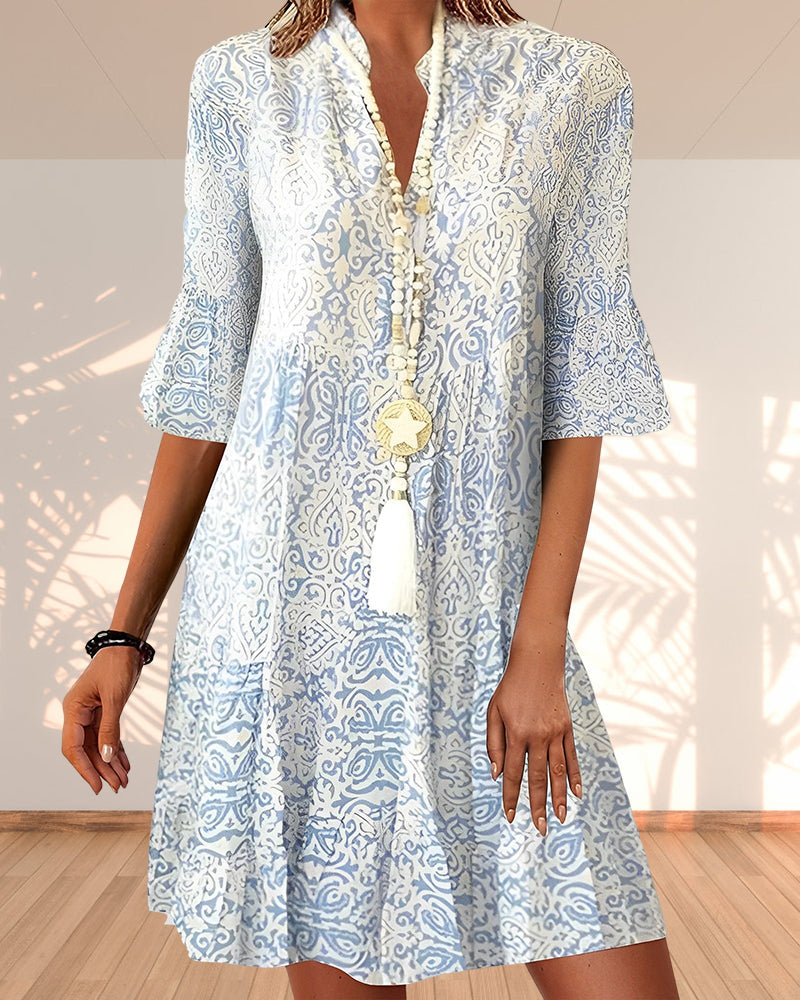 Olvoria | Women's Tiered Midi Dress with Bell Sleeves and Abstract Print