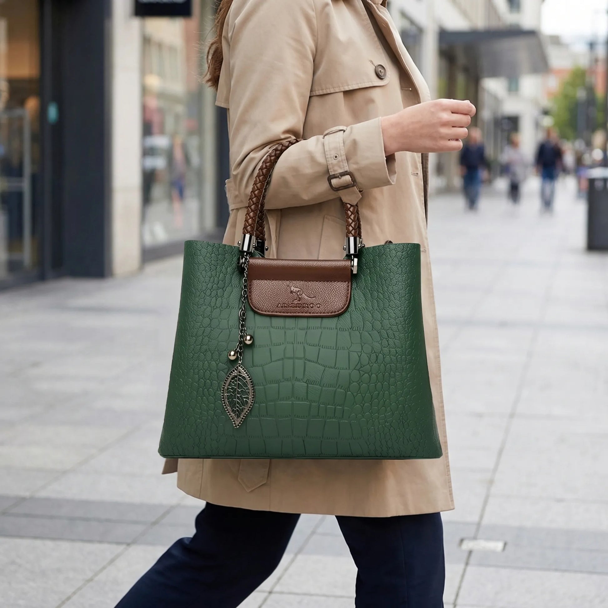 Olvoria | Women's Tote Bag Croc Embossed Handbag Braided Handle