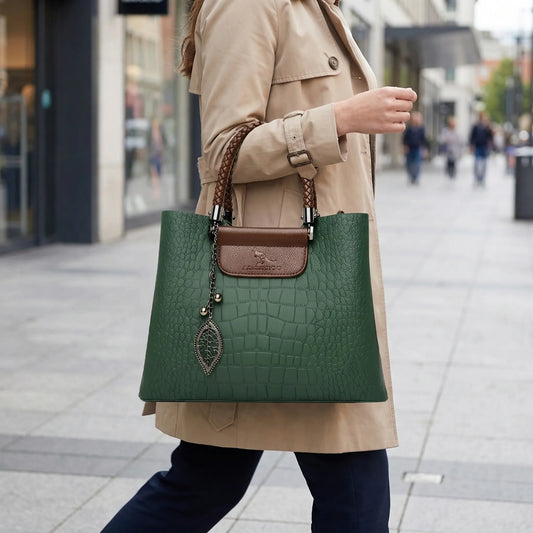 Olvoria | Women's Tote Bag Croc Embossed Handbag Braided Handle