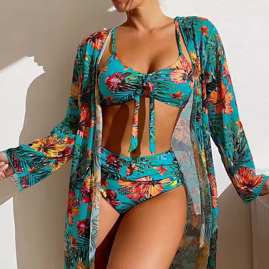 Olvoria | Women's Tropical Print Bikini Set with Tie Front Top