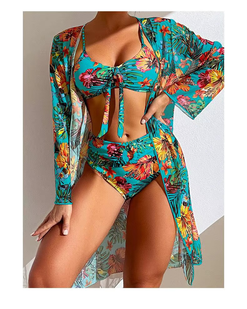 Olvoria | Women's Tropical Print Bikini Set with Tie Front Top