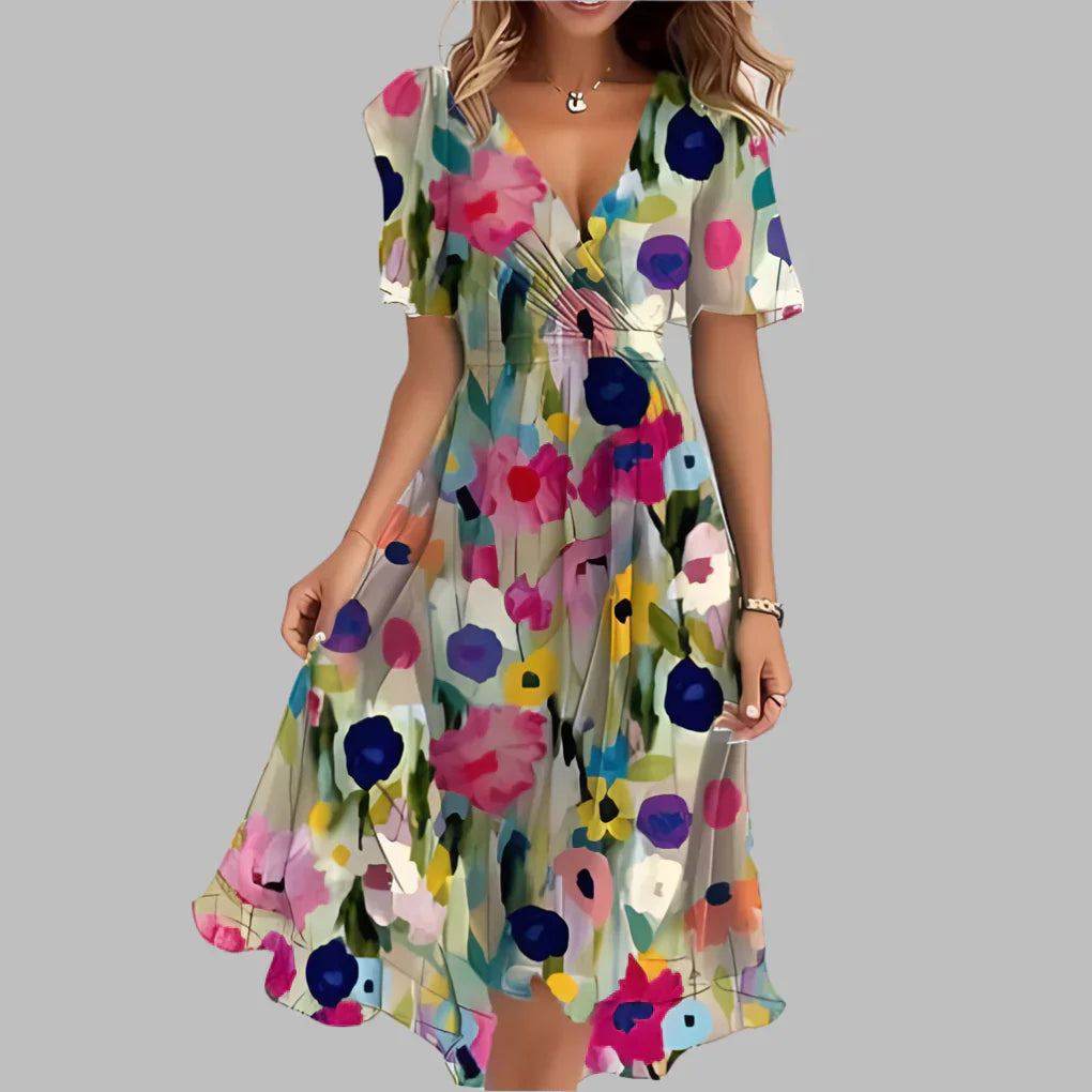 Olvoria | Women's V-Neck Floral Midi Wrap Dress