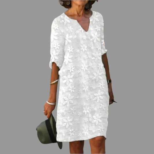 Olvoria | Women's V-Neck Midi Dress with Lace Floral Overlay