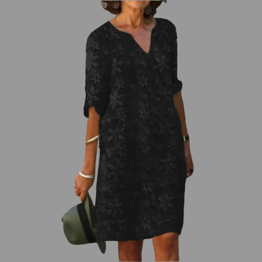 Olvoria | Women's V-Neck Midi Dress with Lace Floral Overlay