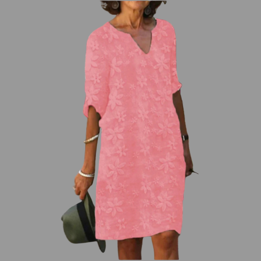 Olvoria | Women's V-Neck Midi Dress with Lace Floral Overlay