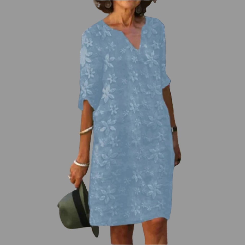 Olvoria | Women's V-Neck Midi Dress with Lace Floral Overlay