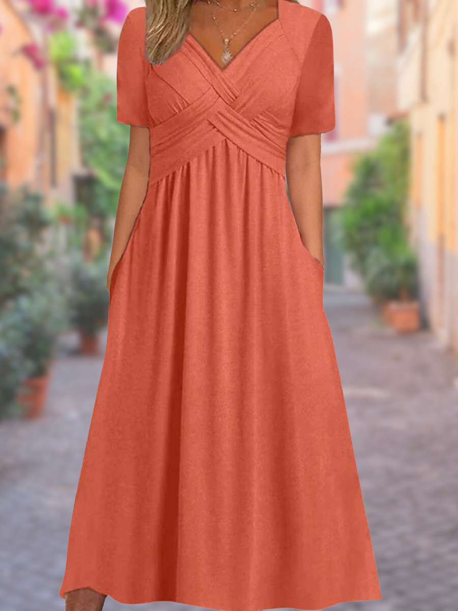 Olvoria | Women's V-Neck Midi Dress with Ruched Bodice