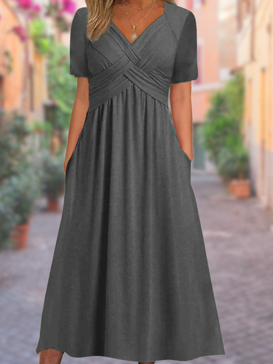 Olvoria | Women's V-Neck Midi Dress with Ruched Bodice