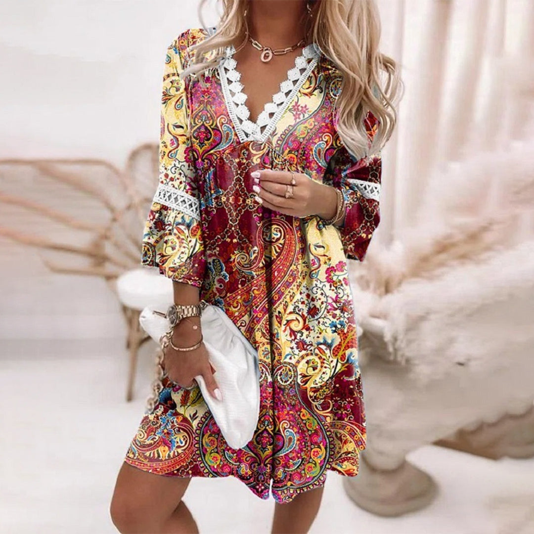 Olvoria | Women's V-Neck Mini Dress with Crochet Trim