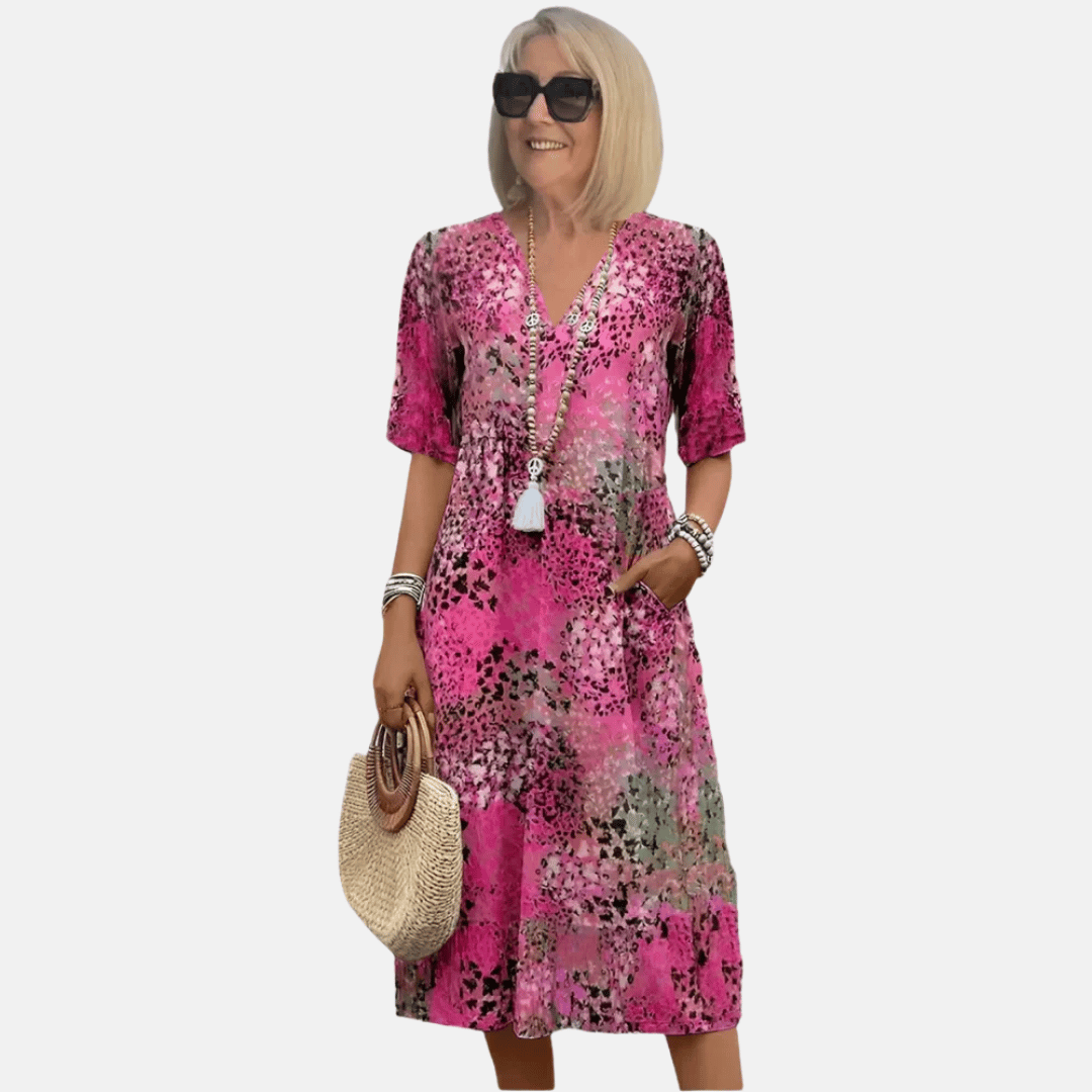 Olvoria | Women's V-Neck Printed Midi Dress