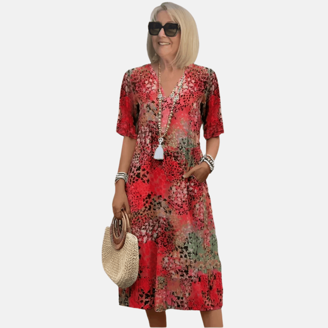 Olvoria | Women's V-Neck Printed Midi Dress
