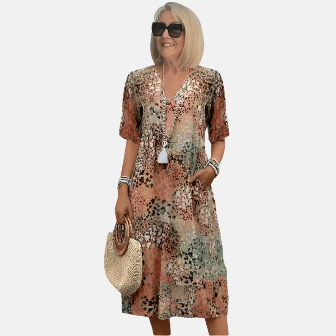 Olvoria | Women's V-Neck Printed Midi Dress