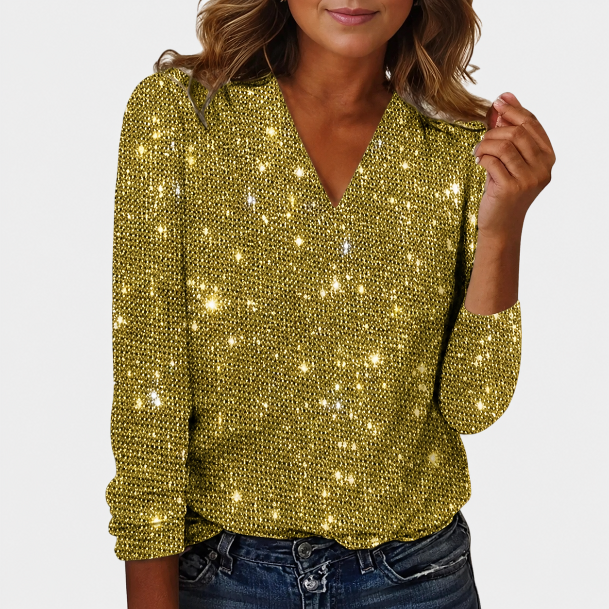 Olvoria | Women's Sequin V-Neck Blouse with Long Sleeves - Image 1