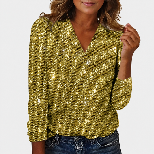 Olvoria | Women's Sequin V-Neck Blouse with Long Sleeves - Image 1