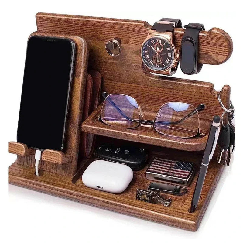 Olvoria | Wooden Nightstand Phone Docking Station – Multifunctional Shelf for Wallet, Watch, and Storage, Ideal for Valentine's Day