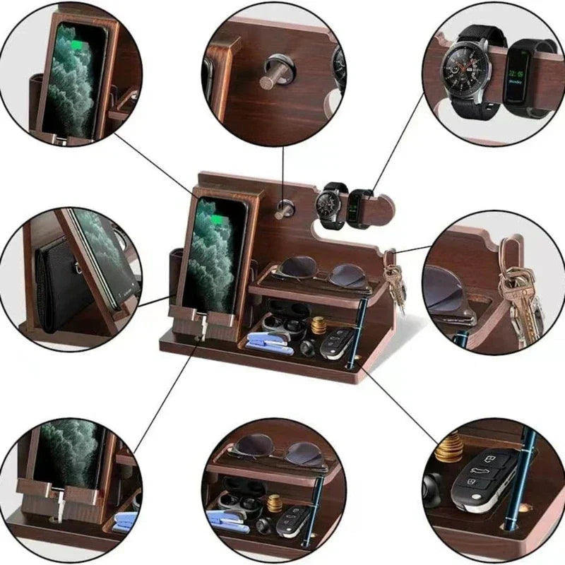 Olvoria | Wooden Nightstand Phone Docking Station – Multifunctional Shelf for Wallet, Watch, and Storage, Ideal for Valentine's Day