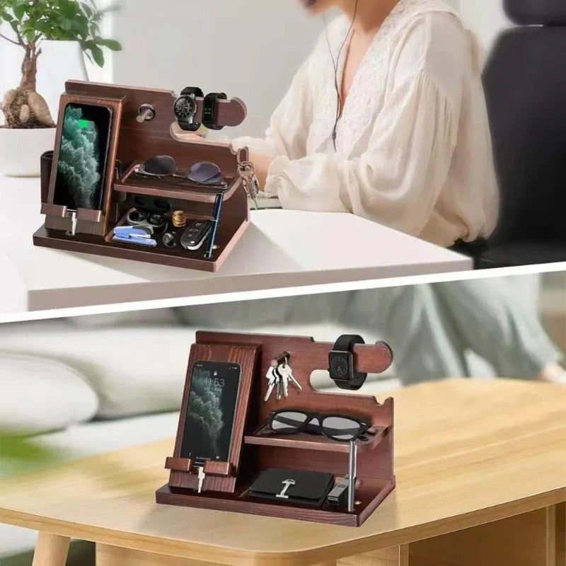 Olvoria | Wooden Nightstand Phone Docking Station – Multifunctional Shelf for Wallet, Watch, and Storage, Ideal for Valentine's Day