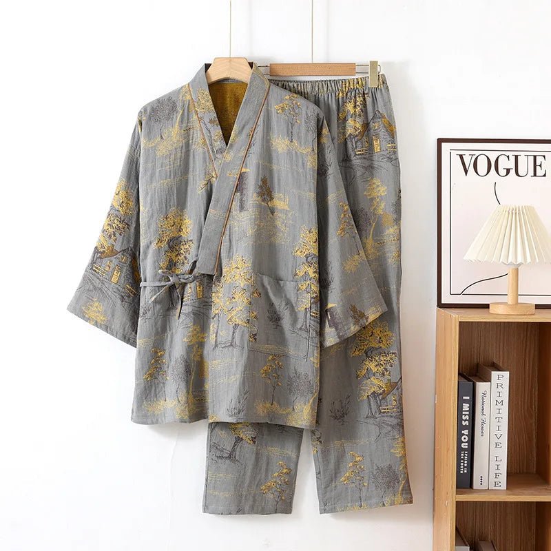 PAINTDRAPE – Artistic Watercolor Cotton Kimono Pajama Set for Relaxed Home Comfort