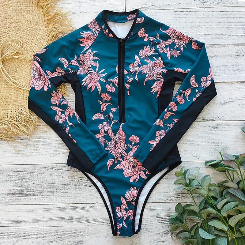Patterned One-Piece Swimming Costume with Long Sleeves