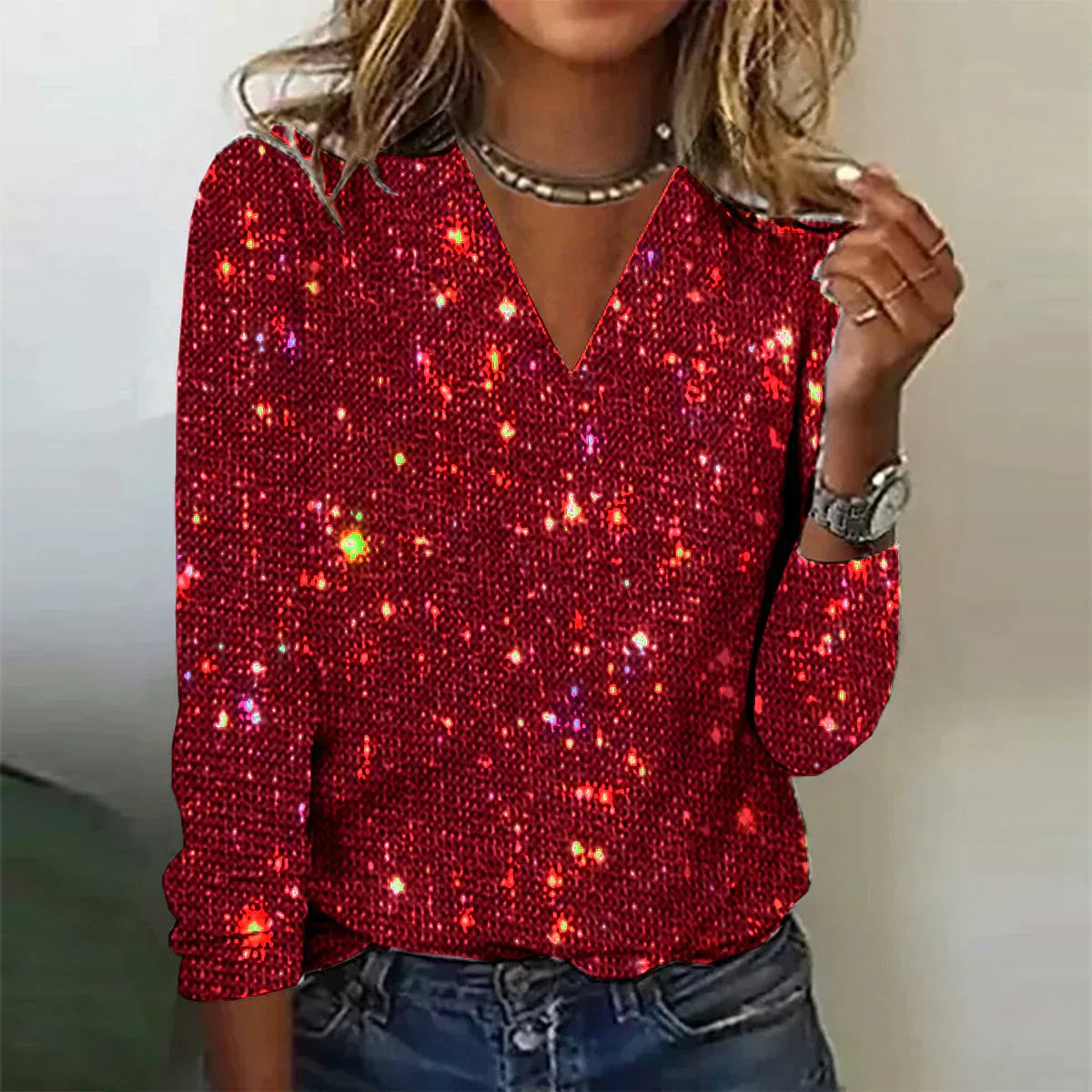 Priscilla - Sparkling V-neck Jumper for Autumn
