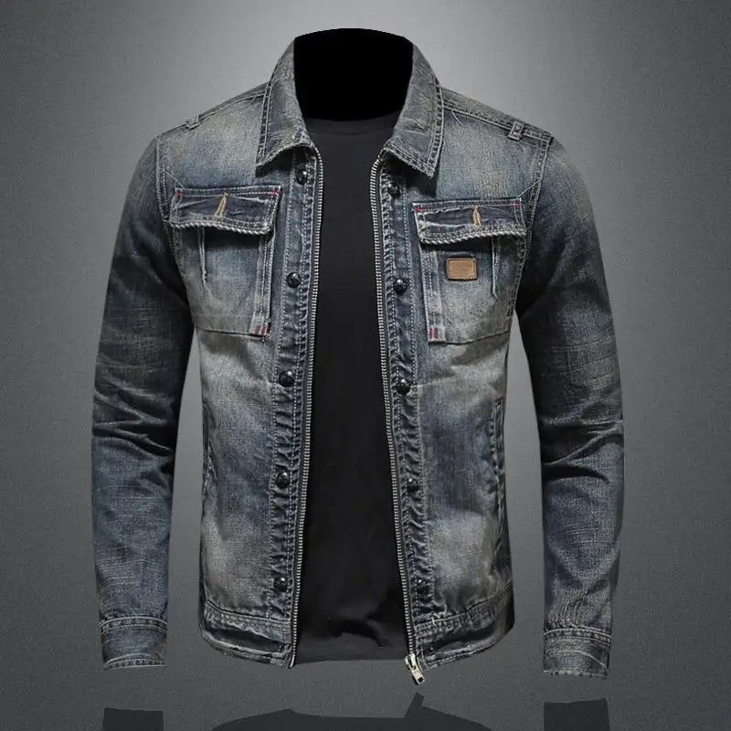 Retro Long Sleeve Denim Jacket with High Collar
