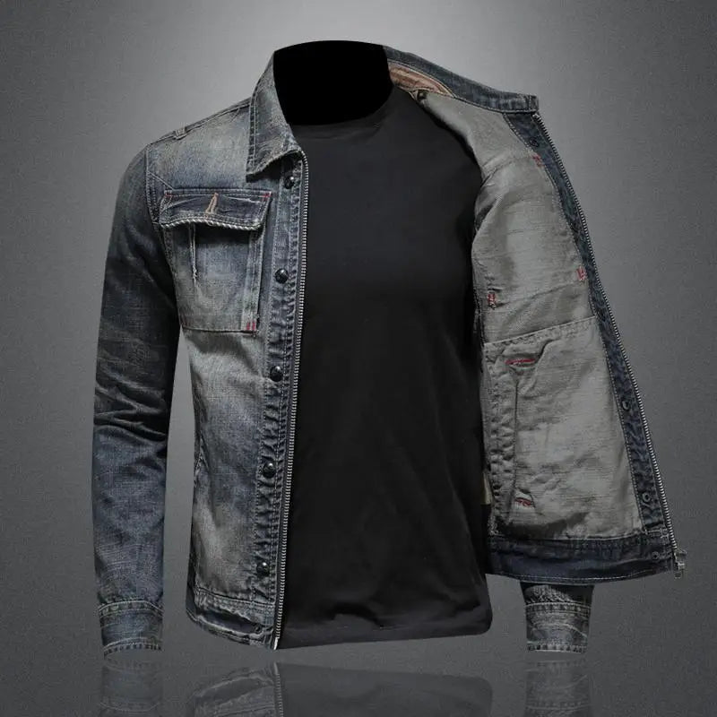 Retro Long Sleeve Denim Jacket with High Collar