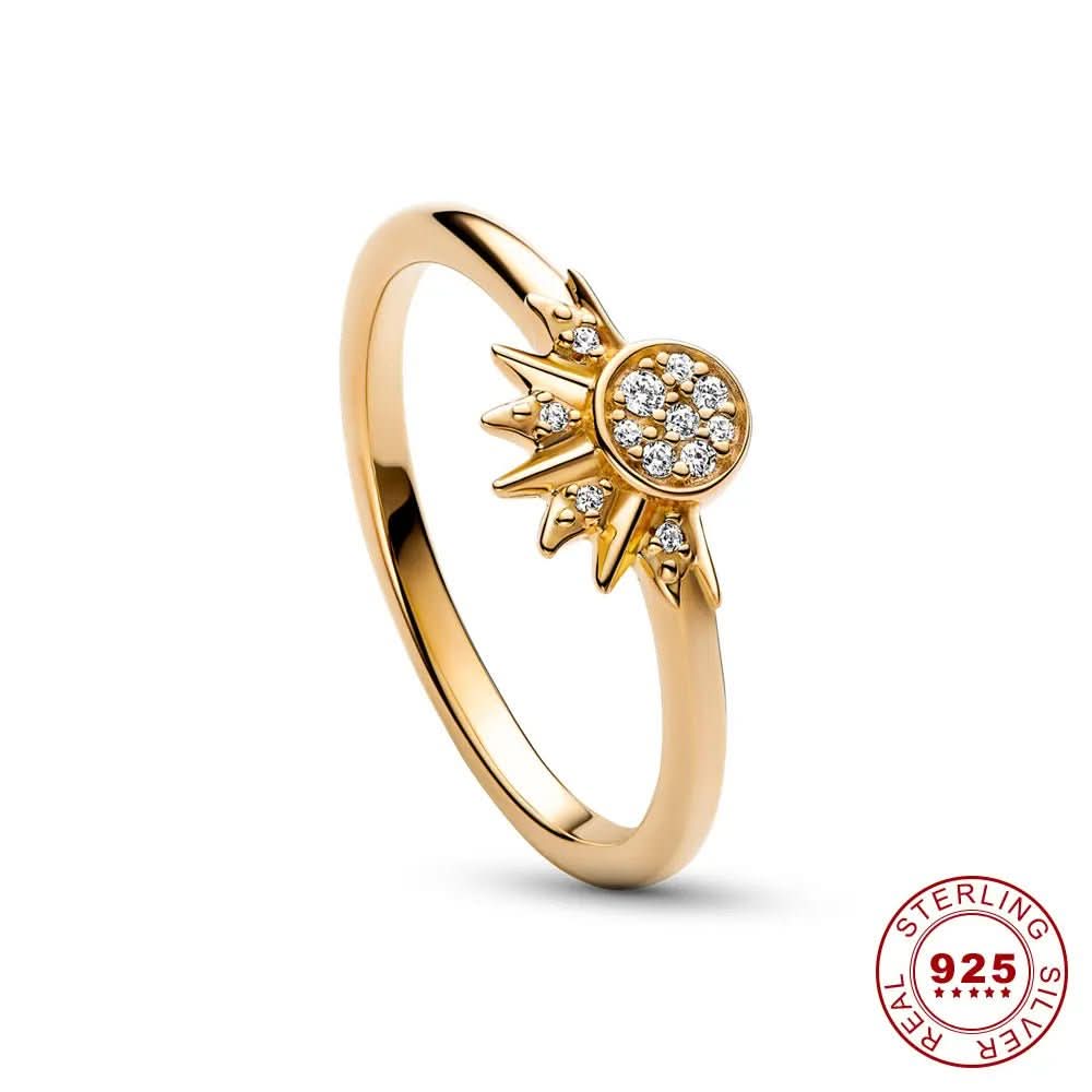 Sparkling Silver Crystal Ring - Elegant 925 Silver Ring with Moon & Sun Design