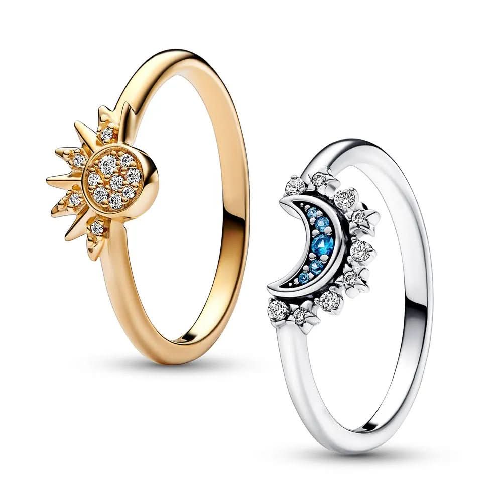 Sparkling Silver Crystal Ring - Elegant 925 Silver Ring with Moon & Sun Design