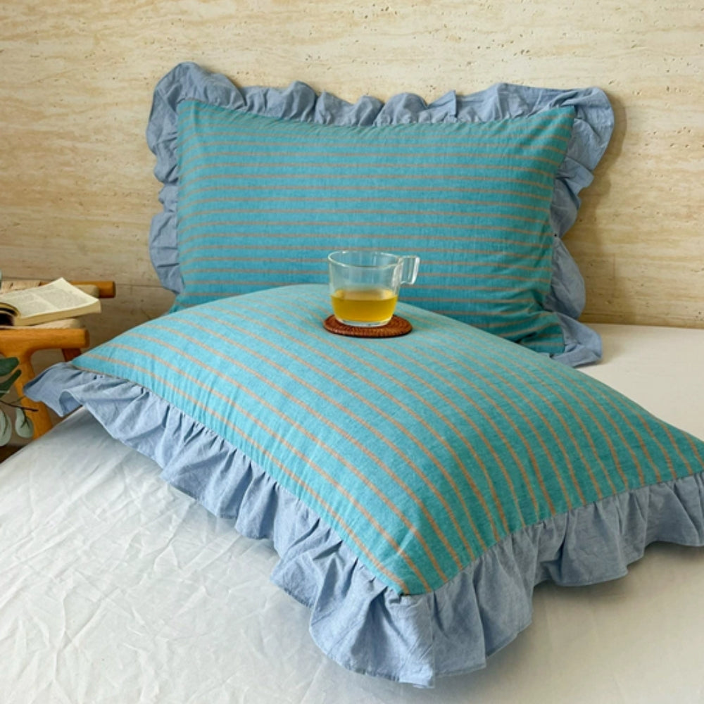 Striped Ruffled Lace Pillowcases in Multiple Colors