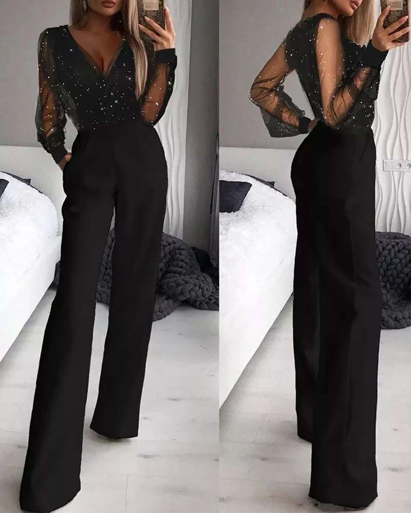 Veronica - Long-sleeved, wide-leg, shimmering knit jumpsuit for autumn