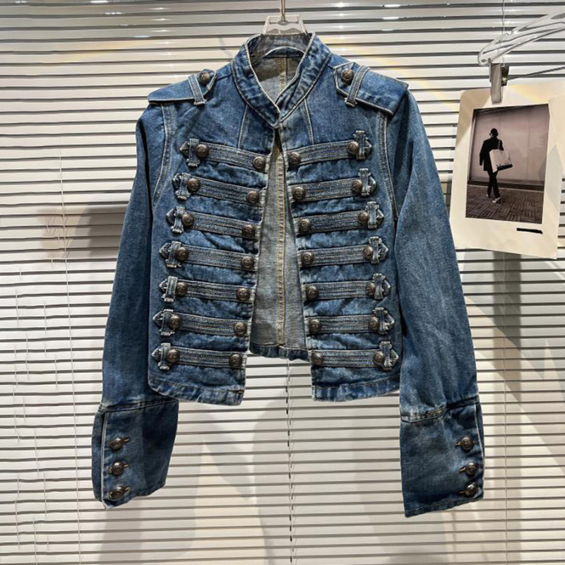 Women's Denim Jacket with Buttoned High Collar