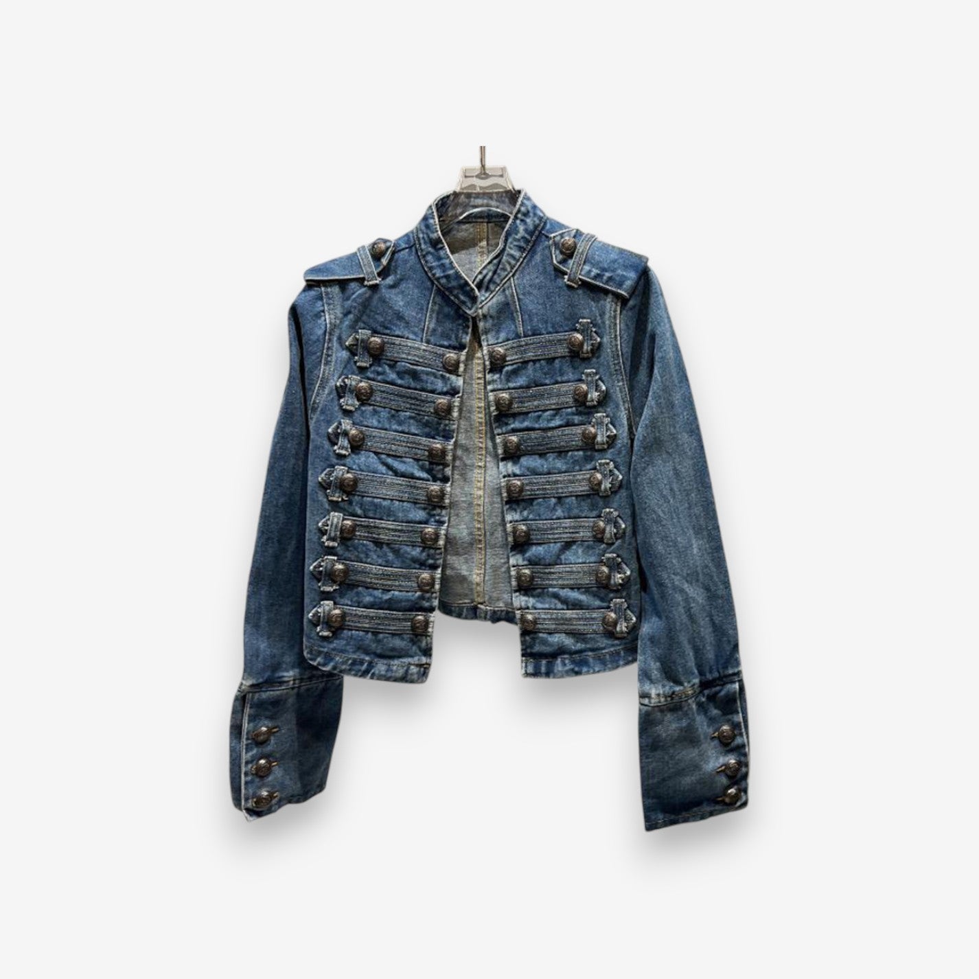 Women's Denim Jacket with Buttoned High Collar